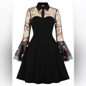 Chic Black Dress with Floral Sheer Sleeves